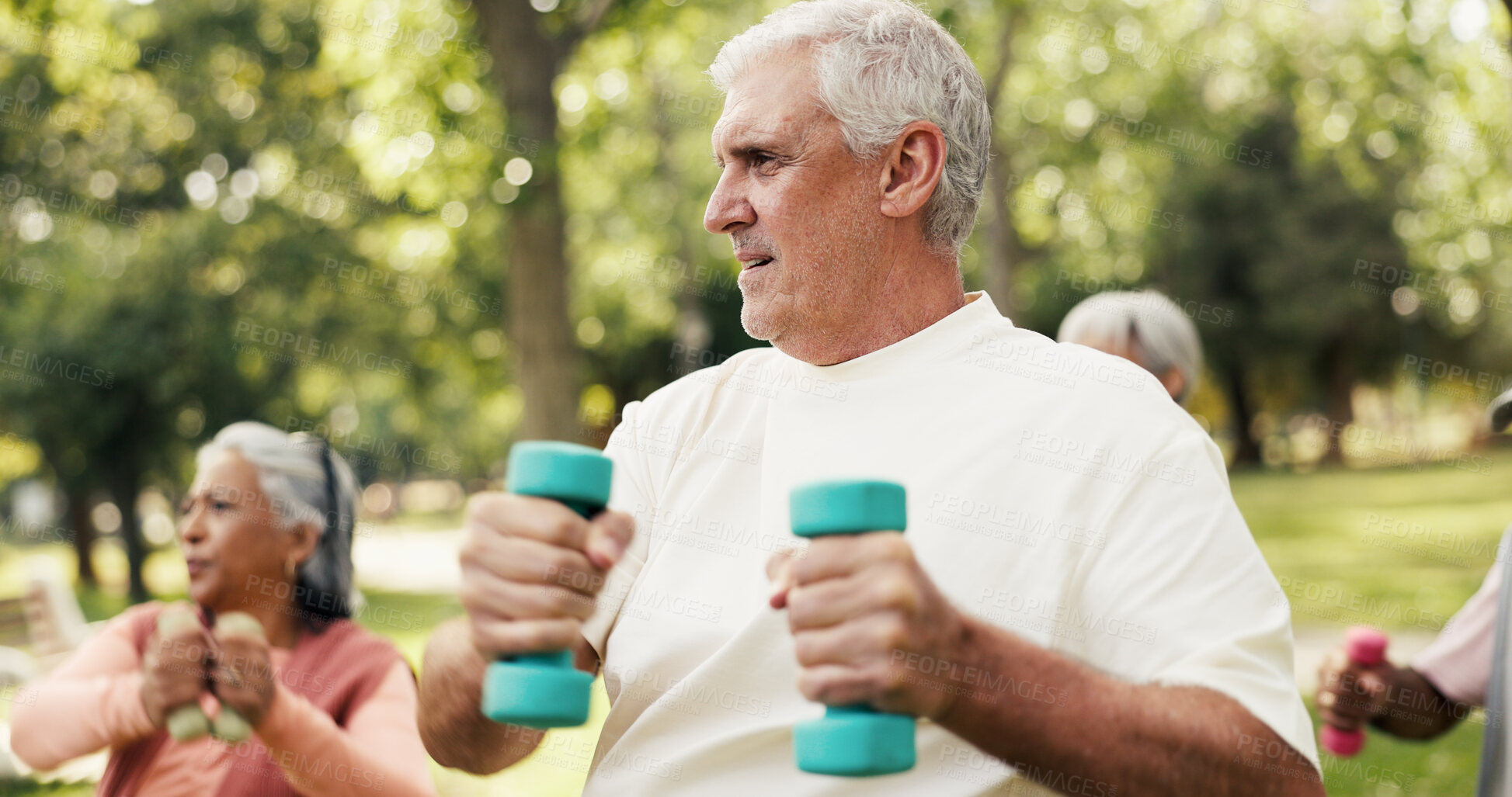 Buy stock photo Man, dumbbells and old people in park with fitness, class and nature for senior exercise club. Retirement, hobby and weightlifting with mature group, outdoor or workout for health and wellness