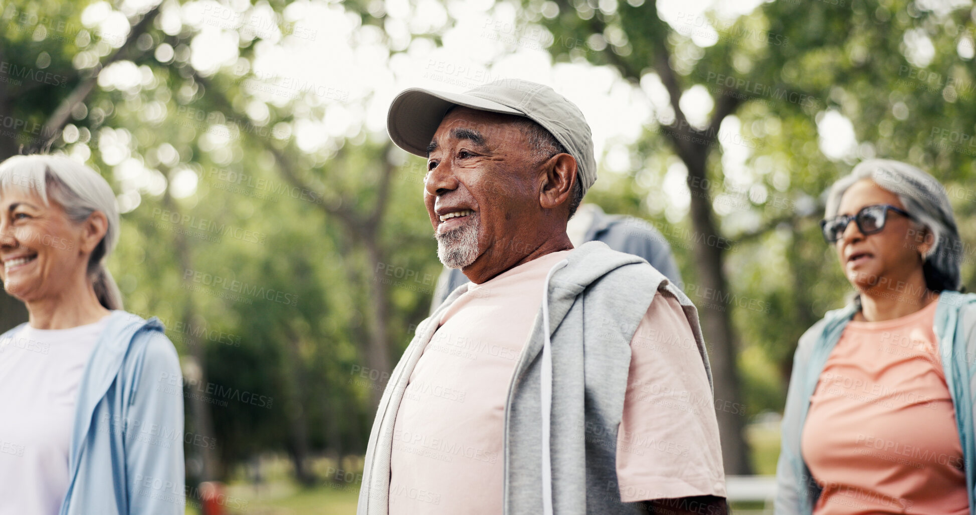 Buy stock photo Exercise, retirement and step class with old man outdoor for activity, health or wellness routine. Fitness, mobility and morning with group of senior people in park together for commitment to workout