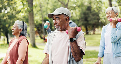Buy stock photo Man, weights and old people in park with fitness, class and nature for senior exercise club. Retirement, hobby and dumbbells with elderly group, outdoor or workout together for health and wellness