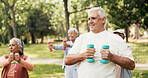 Dumbbell, fitness and class with old man in park for learning, weightlifting exercise and health club. Muscle growth, wellness and weights with senior people for low impact workout and instructor