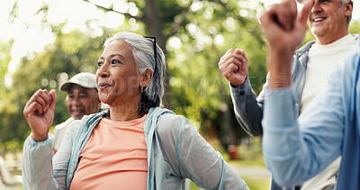 Buy stock photo Cardio, development and exercise group with old woman in garden for health or wellness with friends. Fitness class, training and workout with senior people outdoor for challenge or performance