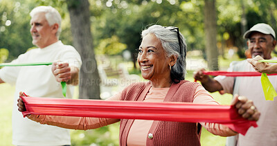 Buy stock photo Resistance band, exercise and senior people in nature for fitness class with stretching for mobility. Happy, equipment and group of elderly friends with arm workout for health and wellness in park.
