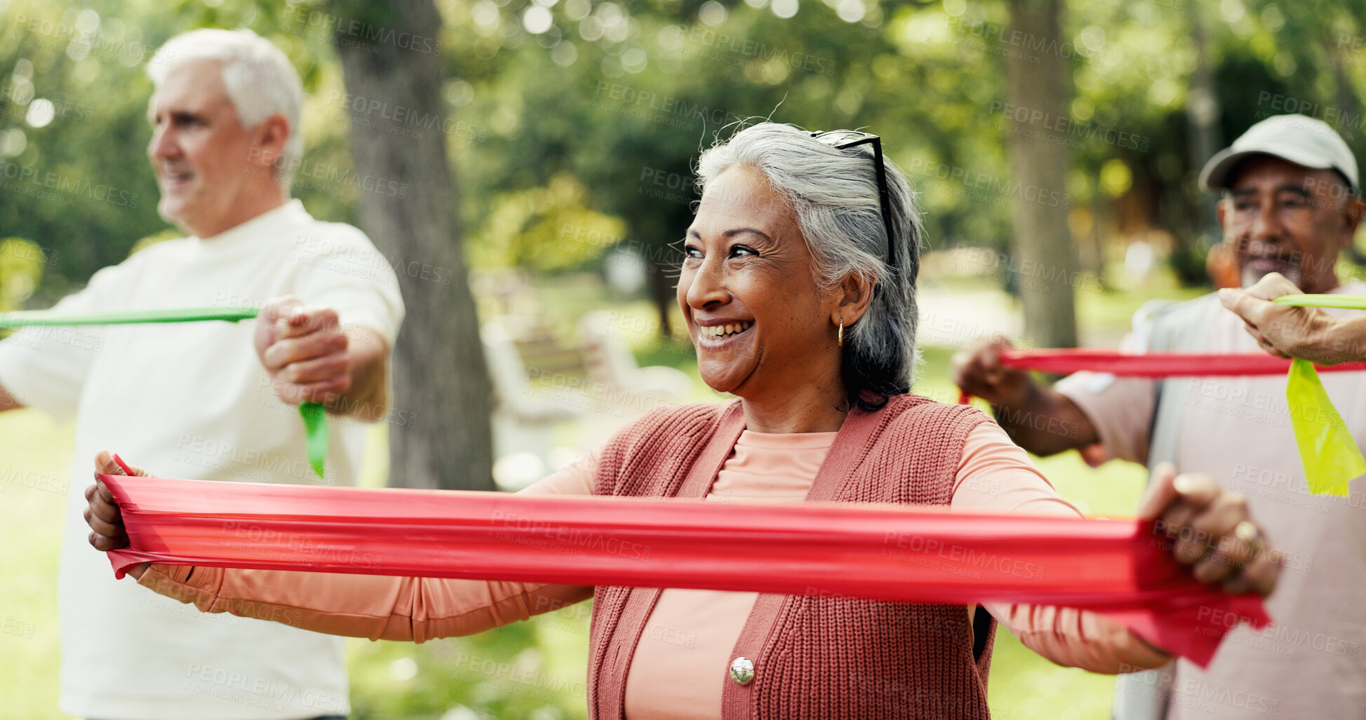 Buy stock photo Resistance band, exercise and senior people in nature for fitness class with stretching for mobility. Happy, equipment and group of elderly friends with arm workout for health and wellness in park.