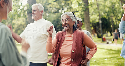 Buy stock photo Woman, happy and old people in park with fitness, class and nature for senior exercise club. Retirement, hobby and personal trainer with mature group, outdoor or workout for health and wellness
