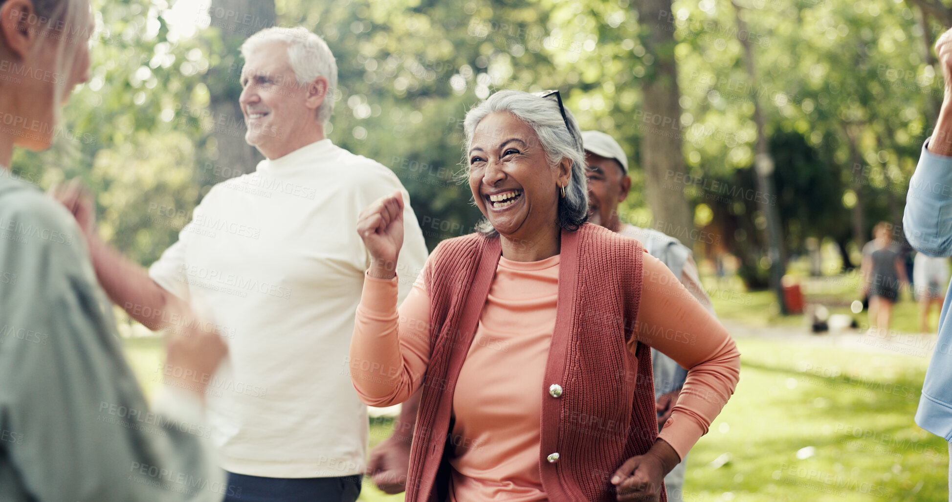Buy stock photo Woman, happy and old people in park with fitness, class and nature for senior exercise club. Retirement, hobby and personal trainer with mature group, outdoor or workout for health and wellness