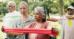 Resistance band, personal trainer and senior people in nature for exercise class with stretching. Fitness, equipment and group of elderly friends with arm workout for health and wellness in park.