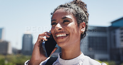 Buy stock photo Phone call, smile and business woman in city for conversation, travel and networking. Morning commute, discussion and person on smartphone for work trip, communication and contact schedule in town