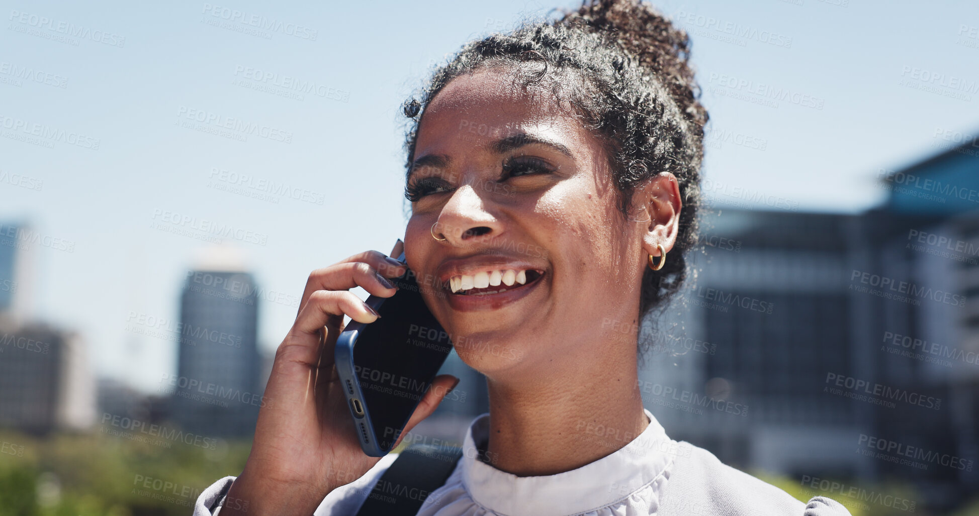 Buy stock photo Phone call, smile and business woman in city for conversation, travel and networking. Morning commute, discussion and person on smartphone for work trip, communication and contact schedule in town