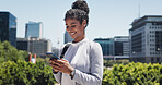 Phone, typing and business woman in city for conversation, discussion and networking. Morning commute, travel and professional person on smartphone for connection, notifications and contact in town
