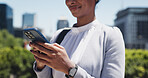 Business, hands and woman in city, smartphone and message to contact, internet and travel. Person, mobile user and employee in street, cellphone or typing with social media, commute and communication
