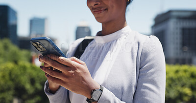 Buy stock photo Business, hands and woman in city, smartphone and message to contact, internet and travel. Person, mobile user and employee in street, cellphone or typing with social media, commute and communication