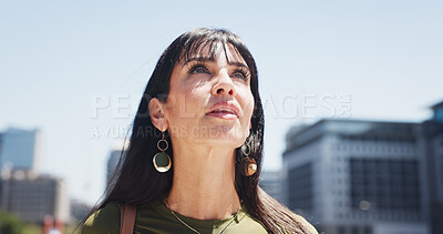 Buy stock photo Real estate, thinking and woman in city, reflection and commute with urban development. Travel, mature person and realtor in street, building expansion and vision with property investment and wonder