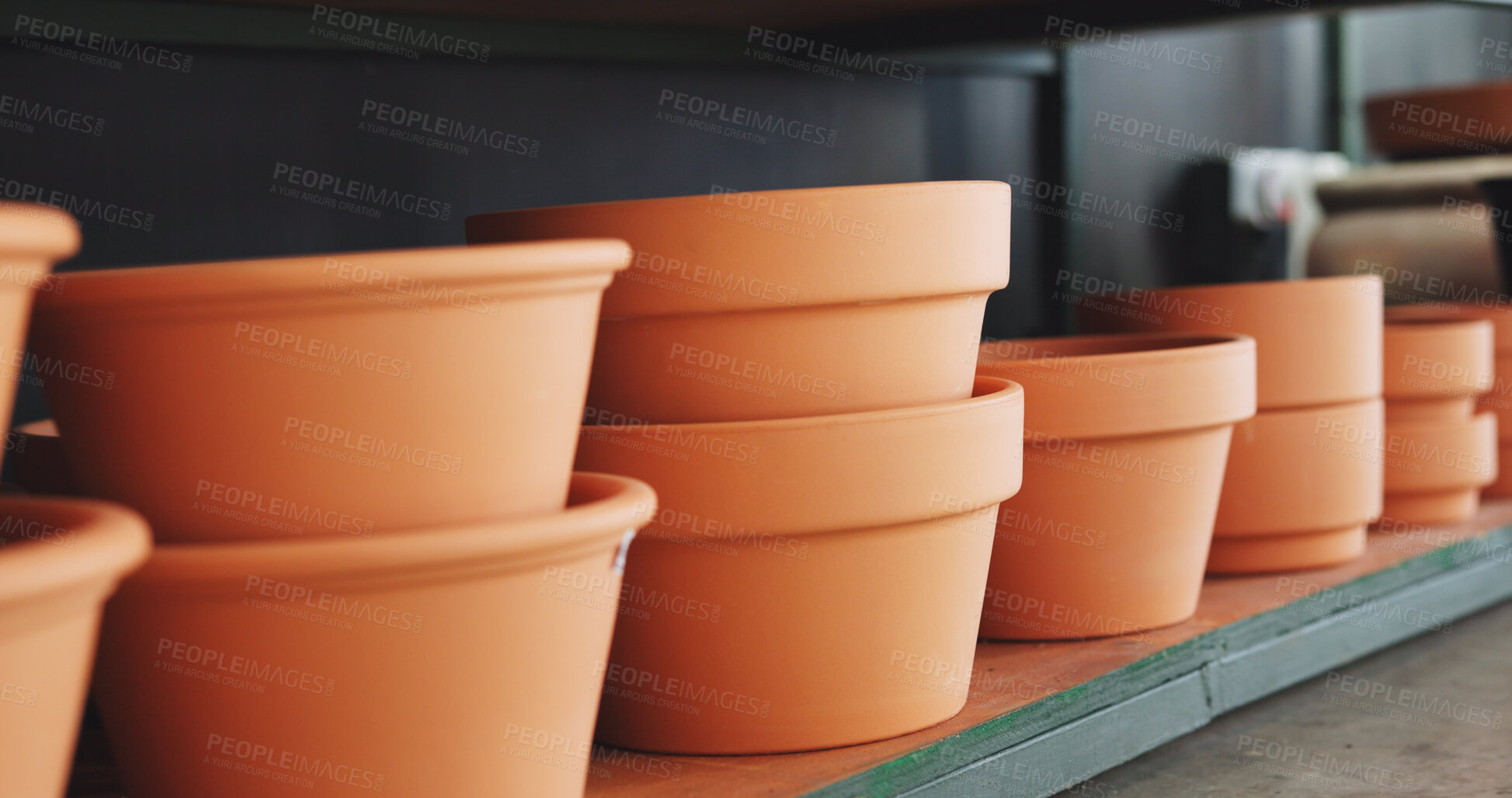 Buy stock photo Ceramics, shelf and pots in empty room of store for manufacturing, retail and craft. Pottery production, earthenware display and clay with interior of small business for design, creative and stock