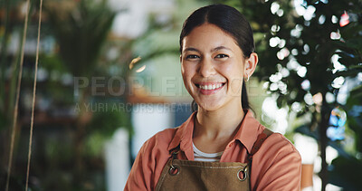 Buy stock photo Portrait, smile and nursery with woman in store for plant growth specialist, startup and entrepreneur. Environmental care, florist or small business with person in shop for gardening expert or botany
