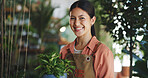Portrait, plant and nursery with woman in store for growth specialist, ecommerce and entrepreneur. Environment, florist and small business with person in shop for gardening expert and botany