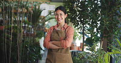 Buy stock photo Portrait, arms crossed and nursery with woman in store for plant growth specialist, startup and entrepreneur. Environmental care, florist and small business with person for gardening expert or botany
