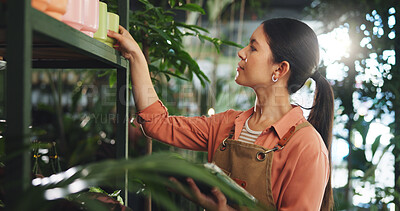Buy stock photo Plant, inspection and pot with woman in nursery for quality control, botany specialist and entrepreneur. Small business, garden inventory and clipboard with person in store for eco friendly supplier