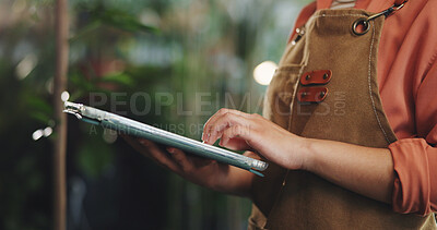 Buy stock photo Tablet, typing and plant with hands in store for delivery checklist, email and botany review. Order confirmation, sustainability and entrepreneur with person and tech in eco friendly small business