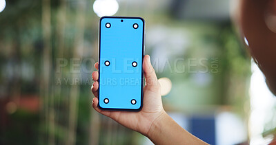 Buy stock photo Hand, green screen and woman with smartphone, internet or online reading with notification. Closeup, mobile user or person with cellphone, email alert or subscription for social media or mockup space