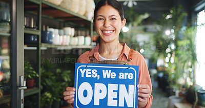 Buy stock photo Entrepreneur, open sign or portrait of happy woman by entrance, service communication or nursery info. Garden center, customer message or business owner with smile by  door, notice board or display