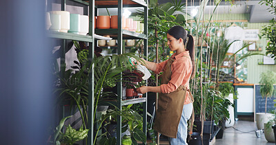 Buy stock photo Spray, inspection and growth with woman in nursery for quality control, botany specialist and entrepreneur. Small business, garden inventory and plant fertilizer with person for eco friendly store