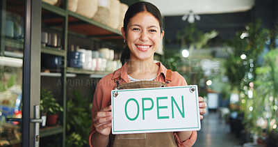Buy stock photo Entrepreneur, open sign or portrait of happy woman by nursery entrance, service communication or info. Garden center, customer message or business owner smile for welcome, notice board or display