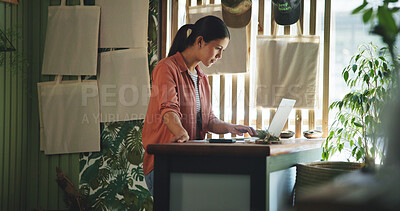 Buy stock photo Reading, laptop and plant with woman in store for delivery checklist, email and botany review. Order confirmation, sustainability and entrepreneur with person and tech in eco friendly small business