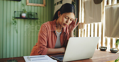 Buy stock photo Business, startup and woman with headache, laptop and tension with burnout, pressure or tired. Entrepreneur, pc or person with migraine, stress or frustrated with blue light exposure, pain or fatigue