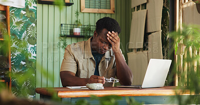 Buy stock photo Black man, laptop or headache in sustainable business with stress, order mistake or eye strain. Flower shop, frustrated entrepreneur or tech in startup with anxiety, bankruptcy risk or website glitch