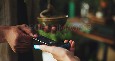 Buy stock photo Payment, plant and credit card with hands in nursery for digital purchase, botany fintech and entrepreneur. Small business, pos machine and online transaction with person for eco friendly startup