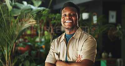 Buy stock photo Black man, portrait and confident in sustainable business with smile, botany and eco friendly career. Entrepreneur, arms crossed and happy in nursery with pride, consultant and startup garden center