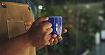 Nursery, coffee and hands of florist in store for beverage, environment and relax in small business. Drinking tea, sustainability and calm with person in startup for eco friendly product and drink