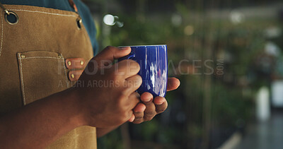 Buy stock photo Nursery, coffee and hands of florist in store for beverage, organic and relax in small business. Drinking tea, sustainability and calm with person in eco friendly startup for health and drink