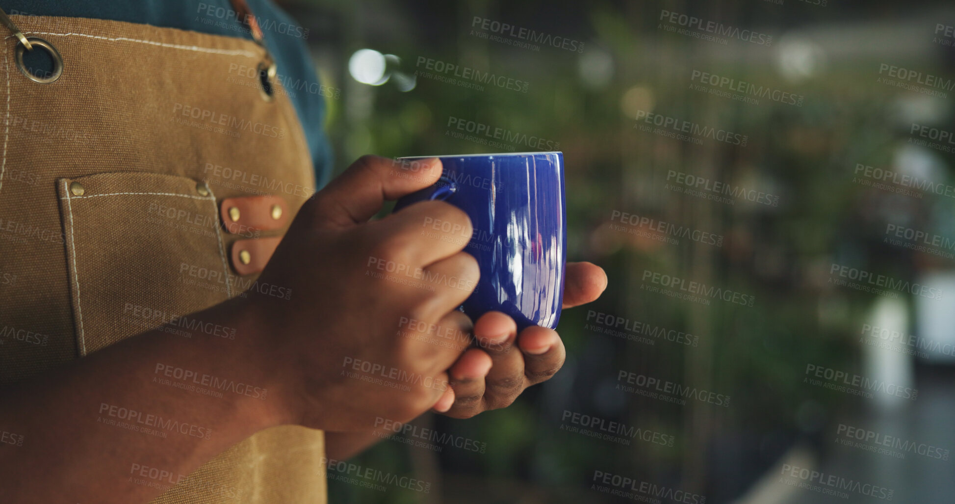 Buy stock photo Nursery, coffee and hands of florist in store for beverage, organic and relax in small business. Drinking tea, sustainability and calm with person in eco friendly startup for health and drink