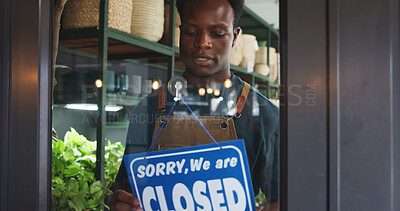 Buy stock photo Closed sign, front door and nursery with man in store for announcement, eco friendly shop and signage. Announcement, small business and entrance with person for storefront, retail and notice board