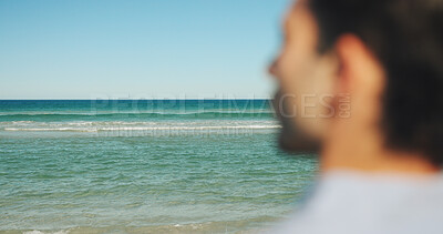 Buy stock photo Person, thinking and horizon at ocean for travel, sky space and peace on vacation. Man, reflection and view at seaside with perspective, summer holiday and mental health wellness with mindfulness