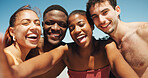 People, friends and selfie at ocean for travel, social media update and happy memory. Men, women and excited in photography POV for summer vacation, outdoor portrait and together for holiday reunion