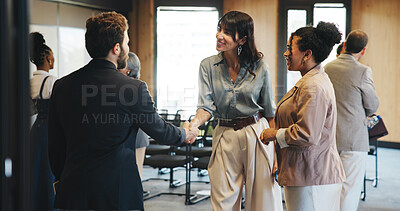 Buy stock photo People, handshake and smile for seminar, talk and greeting for networking event, meeting or workshop. Happy, women and shaking hands with man, conference and discussion for collaboration and business