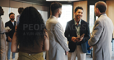 Buy stock photo Discussion, networking and business people at seminar, feedback and intro with media conference. Publishing industry, convention or advice in meeting, smile and information for creative expo