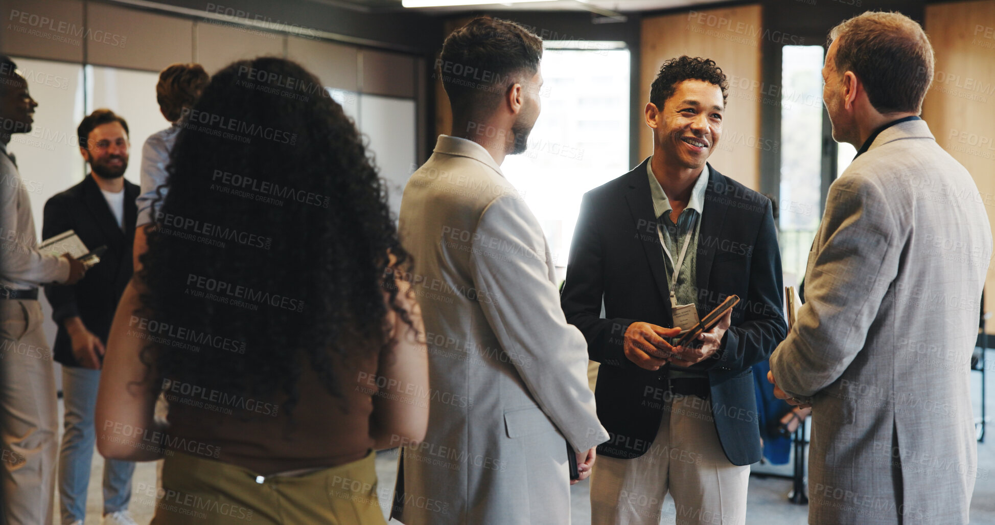 Buy stock photo Discussion, networking and business people at seminar, feedback and intro with media conference. Publishing industry, convention or advice in meeting, smile and information for creative expo