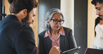 Buy stock photo Discussion, meeting or people at seminar with tablet, company insight or proposal for b2b plan. Collaboration, feedback or businesspeople with tech, networking or contract development at trade show