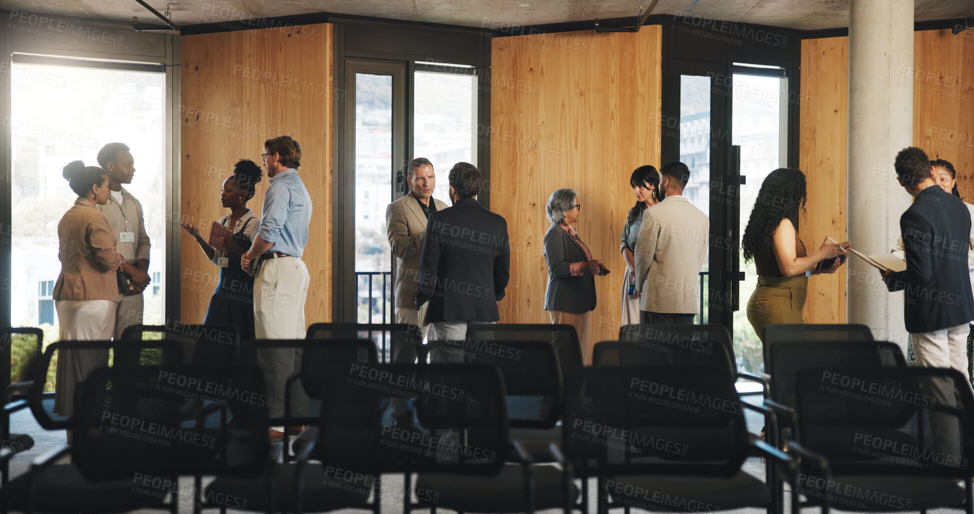 Buy stock photo Business, people and talking for venture, conference hall or collaboration for global trade at event. Group, discussion and plan for foreign investment, meeting and partnership in workshop or seminar