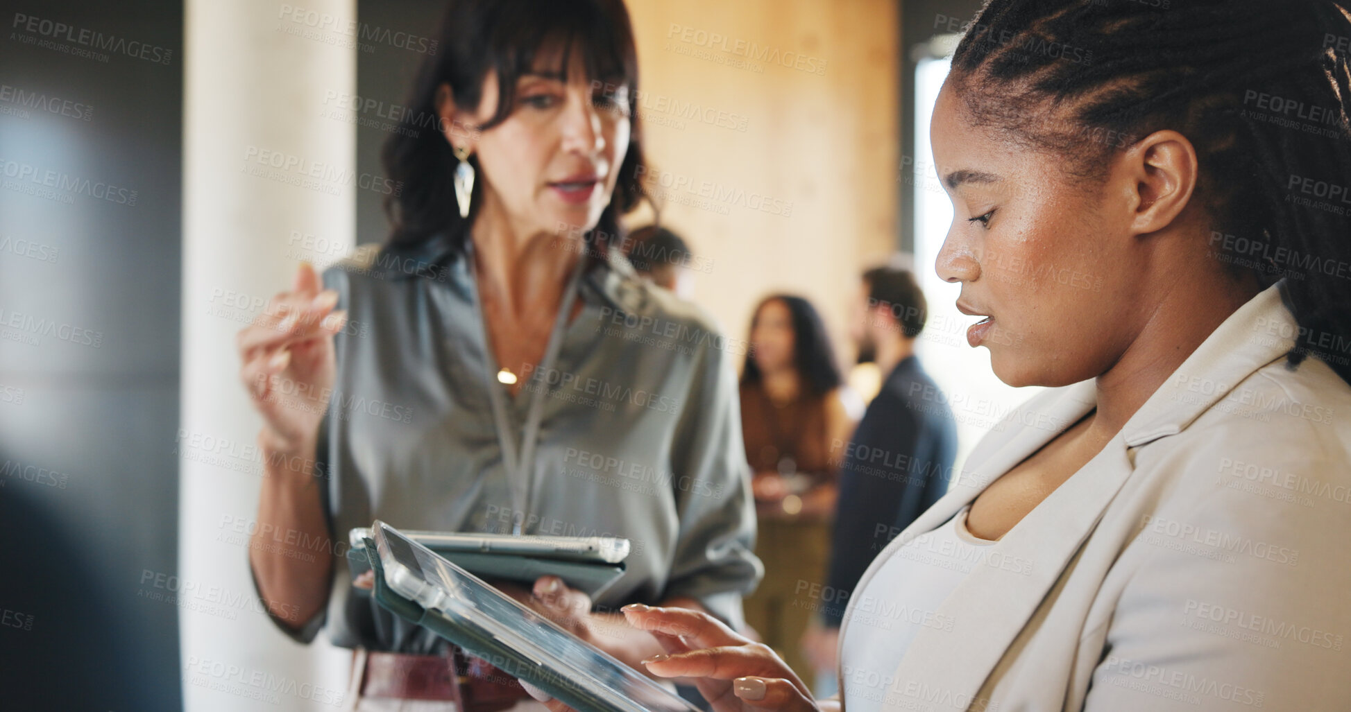 Buy stock photo Business people, discussion and plan in office with tablet for marketing idea, project and mentorship. Team, talk and research in workplace with tech, advertising proposal and professional training.