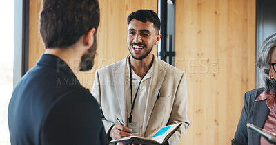 Buy stock photo Business people, talk and networking at convention with notebook for workshop, expo and career growth. Seminar, group and conversation with notes for advice, collaboration and tradeshow feedback.