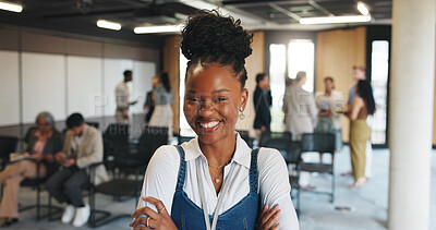Buy stock photo Business woman, arms crossed and portrait in lobby for creative workshop, seminar and convention. Startup summit, office forum and smile of person for networking event, expo opportunity and meeting