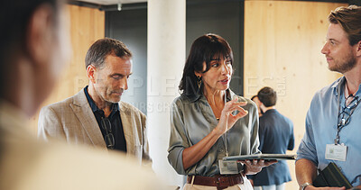 Buy stock photo Conference, people and discussion for venture, meeting and partnership for global trade and talking. Group, collaboration and planning for foreign investment, colleagues and teamwork in seminar