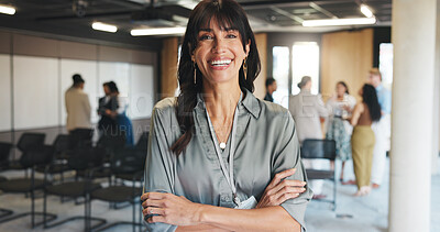 Buy stock photo Business woman, arms crossed and portrait with smile for creative workshop, seminar and lobby. Startup summit, office and forum or convention for networking event, expo opportunity or meeting