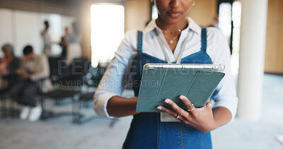 Buy stock photo Scroll, online and hands with tablet, seminar and event planner with schedule on website or research. Digital, checklist and person with tech for coordination, browsing and meeting in conference hall