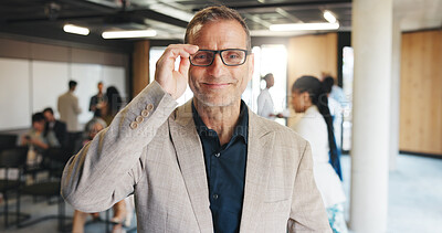 Buy stock photo Glasses, conference and portrait of business man for keynote speaker, pride and trading expo. Workshop event, confidence and broker seminar with mature person for opportunity, corporate and tradeshow