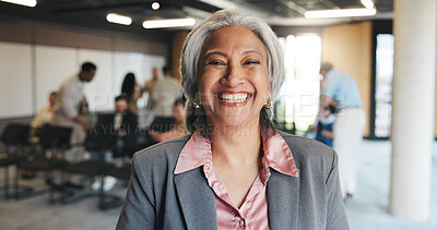 Buy stock photo Happy, conference and portrait of business woman for keynote speaker, pride and trading expo. Workshop event, confidence and broker seminar with mature person for opportunity, corporate and tradeshow